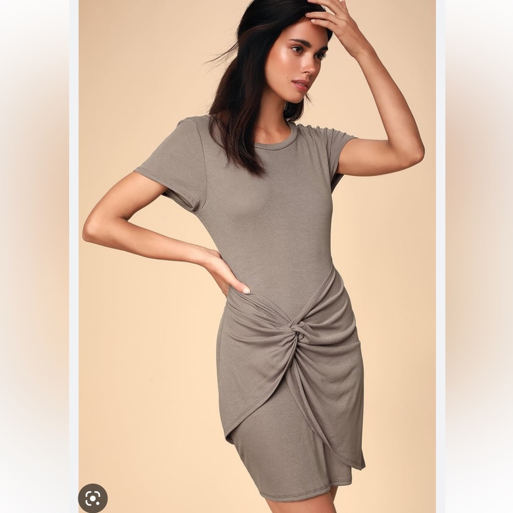 Lulus Lacan Taupe Ribbed Twist-Front T-Shirt Dress